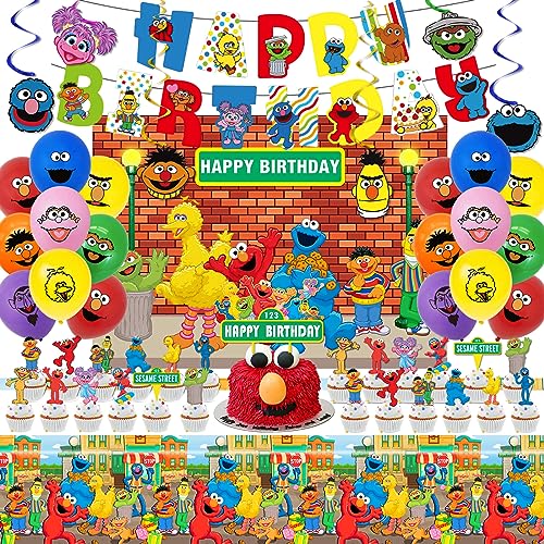Sesame Friends Street Birthday Party Supplies Party Decorations Set Include Banner Backdrop Balloons Hanging Swirls Cake Cupcake Toppers Tablecloth for Boys Girls Sesame Theme Party