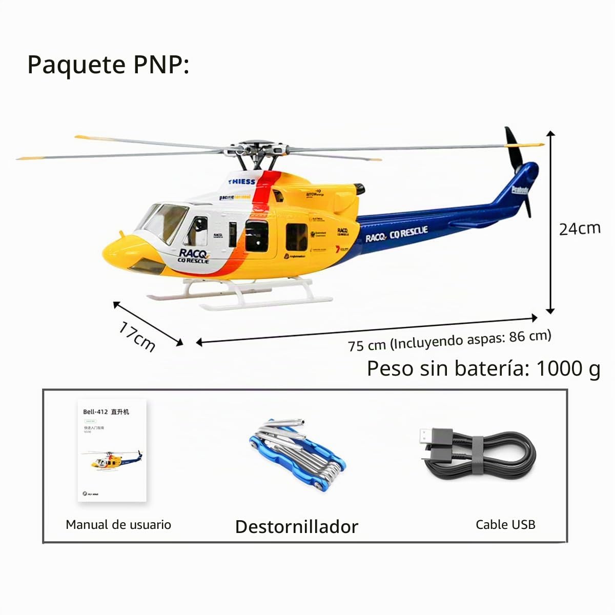 Helicóptero RC GPS para adultos, FLYWING BELL-412-V4 clase 470 2.4G 6CH Hélices desmontables rápidas modelo de helicóptero militar RC con controlador de vuelo H1, posicionamiento GPS