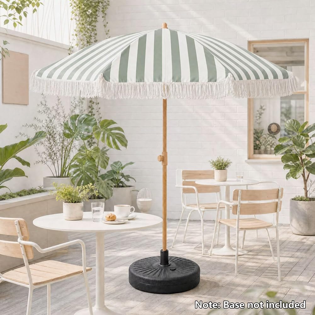 Generisch 180 cm Boho Streifen Strand Sonnenschirm mit Fransen, Neigbarer Gartenschirm mit Höhenverstellbarem Mast für Pool, Garten, Terrasse(Green Stripe)