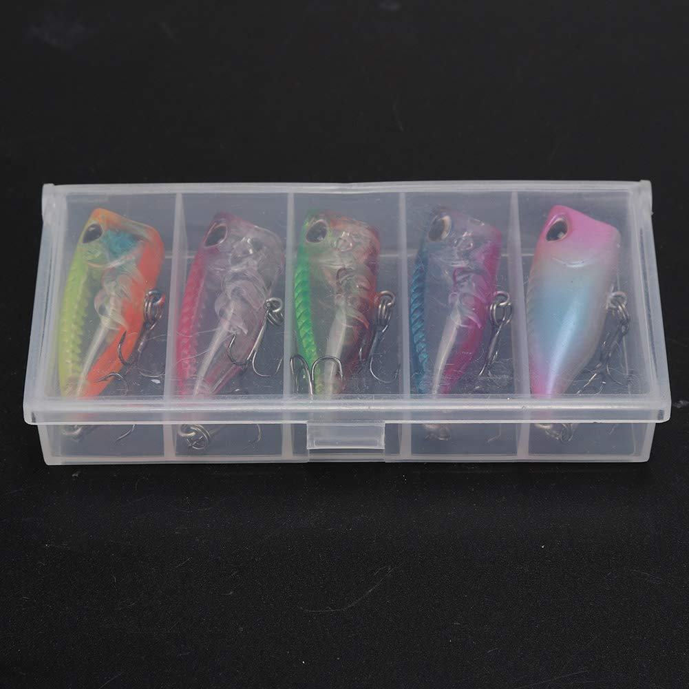 5 pezzi in plastica mini popper esche, esche da pesca galleggiante da 4 cm con sfere in acciaio tintinnante ganci acuti per pesca d'acqua salata d'acqua dolce