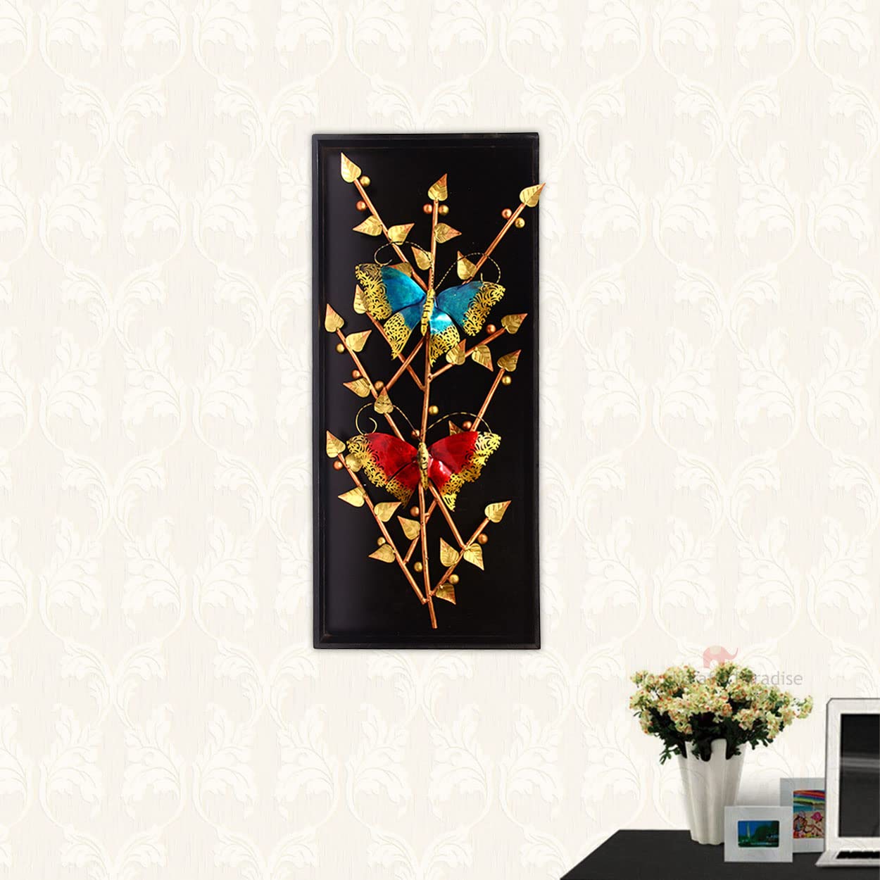 Handicrafts Paradise Iron and Wood Decorative Wall Art, Multicolour, Butterfly, 16 x 3.75 x 36 inches