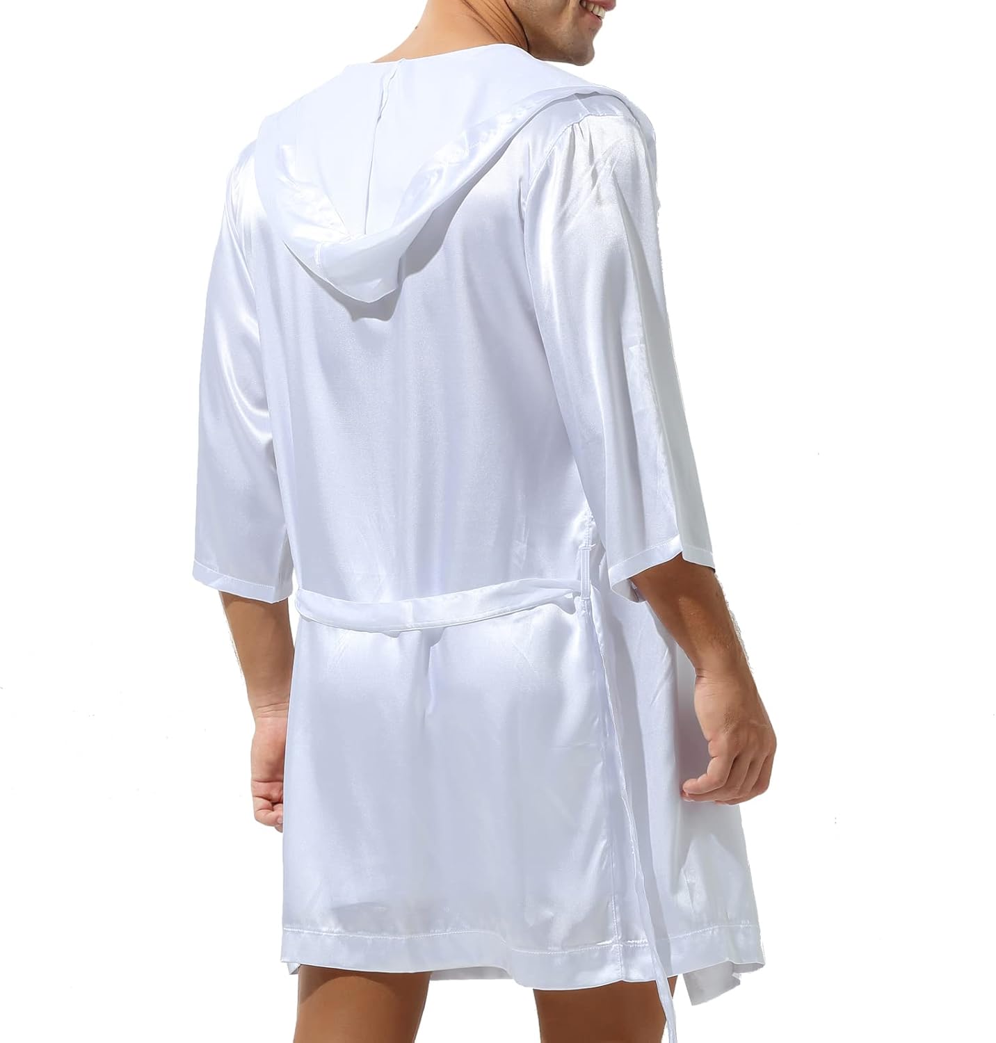 YUFEIDA Mens Satin Robe Silky Bathrobe with Shorts Lightweight Sleepwear Luxurious Pyjama Set Hooded Nightgown with Shorts