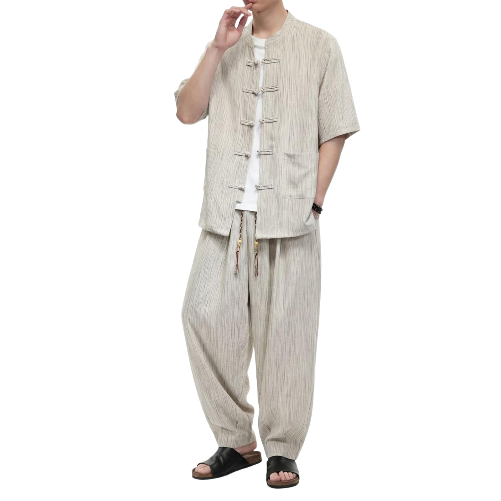 Męski garnitur w stylu chińskim Tang Ice Silk Casual Athletic Krótki rękaw Długie spodnie 2-częściowy strój