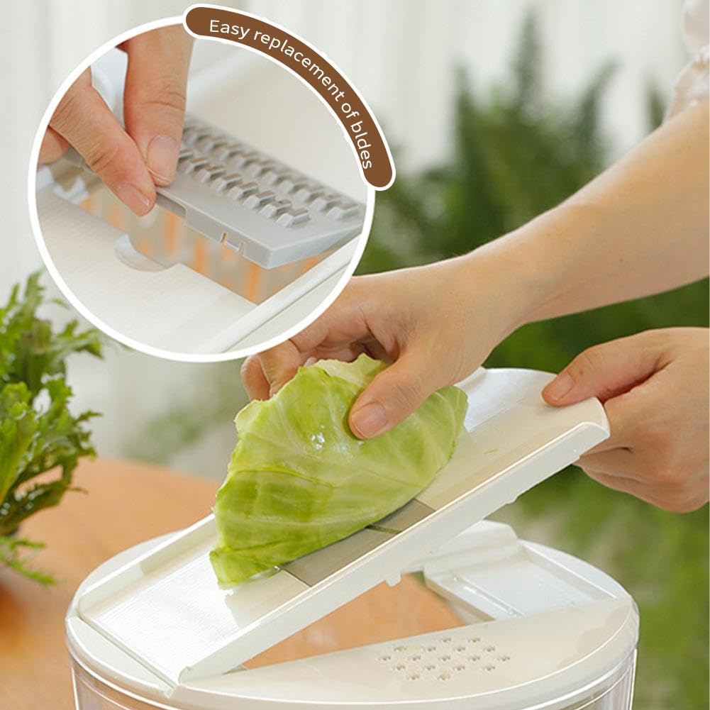 11-in-1 Salad Spinner and Vegetable Chopper Set, Large Manual Lettuce Spinner with 5 Interchangeable Blades, Mandoline Slicer, Egg Separator & Food Storage Bowl for Fruit Salad Prep (White)