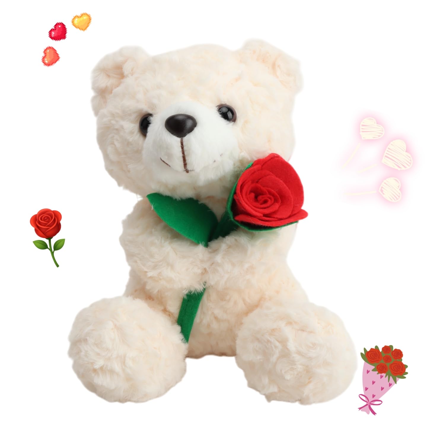 10" White Teddy Bear with Rose Plush Toy, Soft Bear Stuffed Animal, Cute Romantic Valentine’s Day Gift for Girlfriend, Boyfriend, Wife, Lover, Home Decoration
