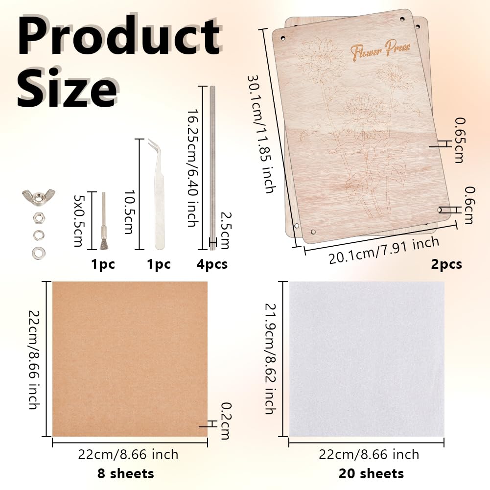 OLYCRAFT Kit profesional de prensa de flores de 8 capas de 27,5 x 27,5 cm, patrón de flores, kit de prensa de flores de madera grande, kit de prensa de flores secas, manualidades, kit de conservación