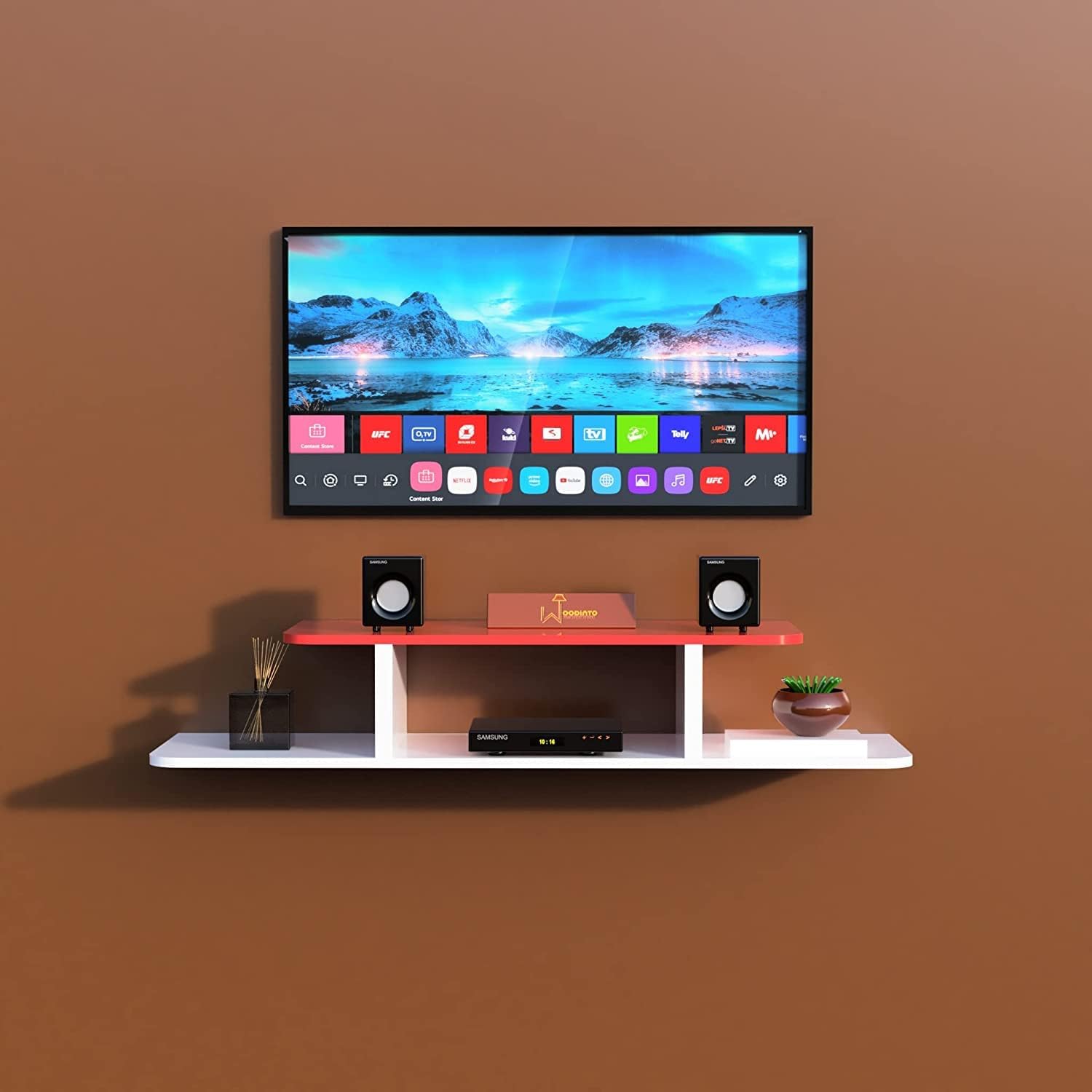 WooDinzo Engineered Wood Wall Mount TV Unit/Wall Set Top Box Stand/TV Cabinet/Tv Entertainment Unit || 24 x 8 x 6 Inches (red White)