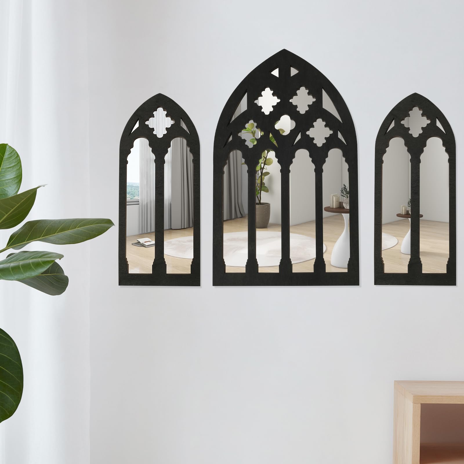 3Pcs Arched Window Wall Mirror Set Gothic Wall Mirror Decor Cathedral Arched Mirror Decor Self-Adhesive Arched Wall Mirror