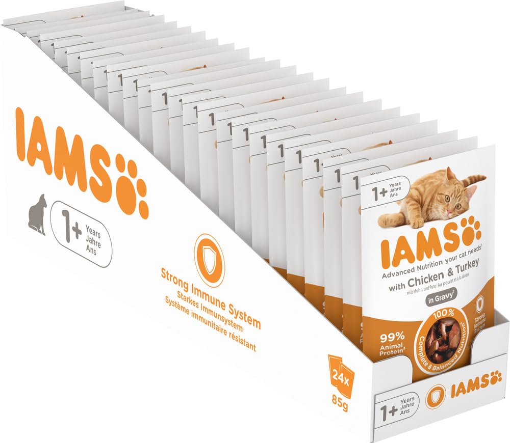 IAMS Delights Katzenfutter Nass mit Huhn & Pute in Sauce - Multipack für Erwachsene Katzen, 24 x 85g
