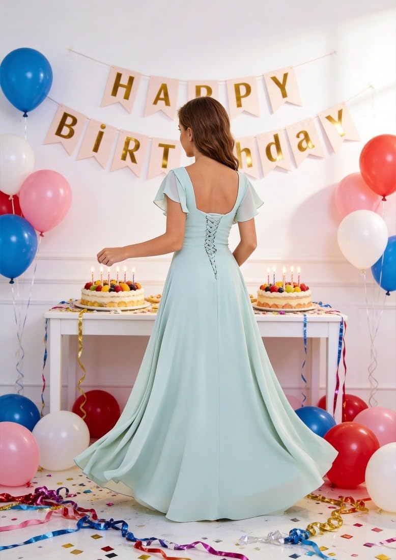 Junior Bridesmaid Dresses Chiffon Flutter Sleeves Flower Girl Dress Square Neck Empire A Line Teens Girls Formal Gown
