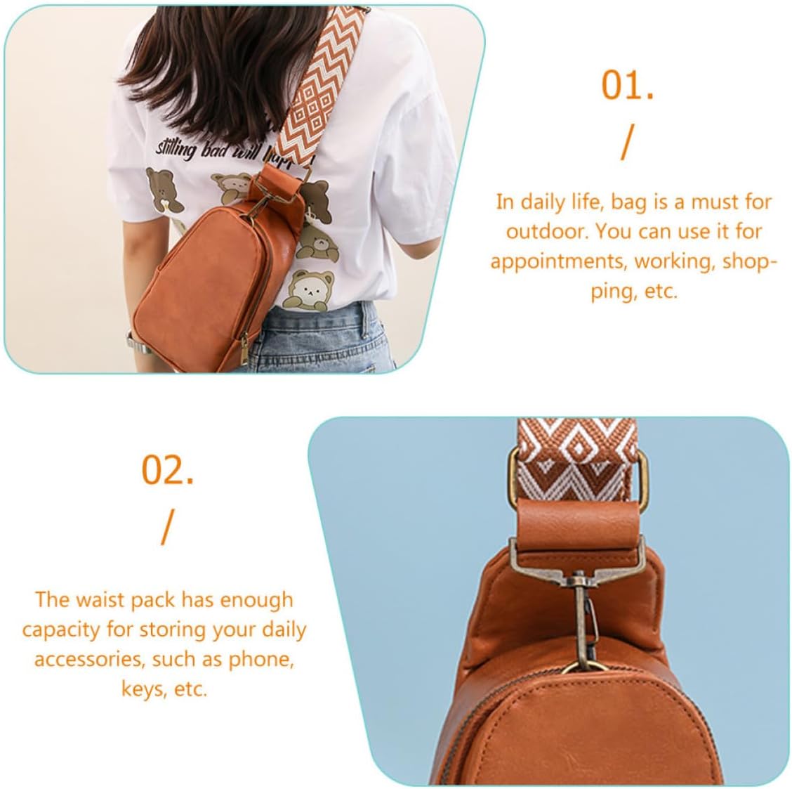 Women Sling Backpack PU Leather Crossbody Bag Brown