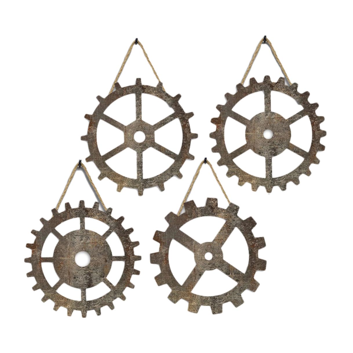 Art mural en bois vintage pour salon indus : lot de 4 roues marron