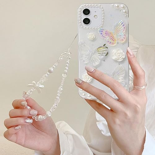 Miniatura 4 de Funda transparente con purpurina para iPhone 15, bonita funda de silicona suave para mujeres y niñas, diseño de mariposas 3D, con perlas de cristal,