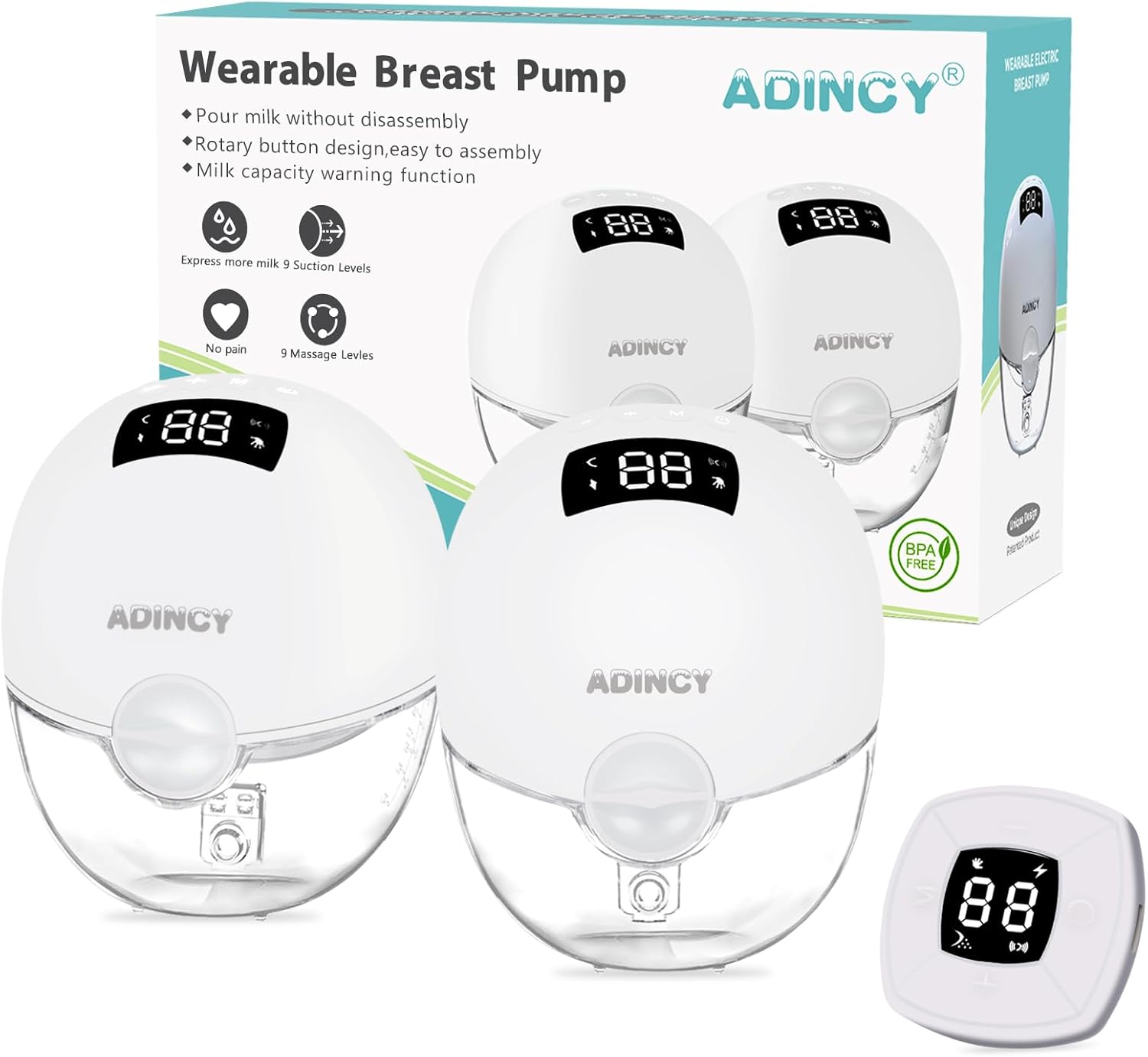Hands Free Breast Pump,Wearable Breast Pump with Low Noise,Strong Suction,3 Modes and 9 Levels,Portable Breast Pump,with Remote Control,Smart Display-24mm Shield,17/19/21 mm Flange-2 Count