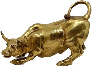 Fengshui Decor Wall Street Bull Statue,Handmade Brass Bulls Statues and Sculptures Home & Office Desk Decorations, Stock Market Lucky Bull Figurine for Good Luck and Wealth (Small)