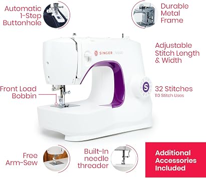 SINGER M3500 Lightweight & Portable Sewing Machine with Accessory Kit | 32 Built-In Stitches Deliver 110 Stitch Applications | LED Light & 1-Step Buttonhole | Great for Quilting, Crafts & Mending