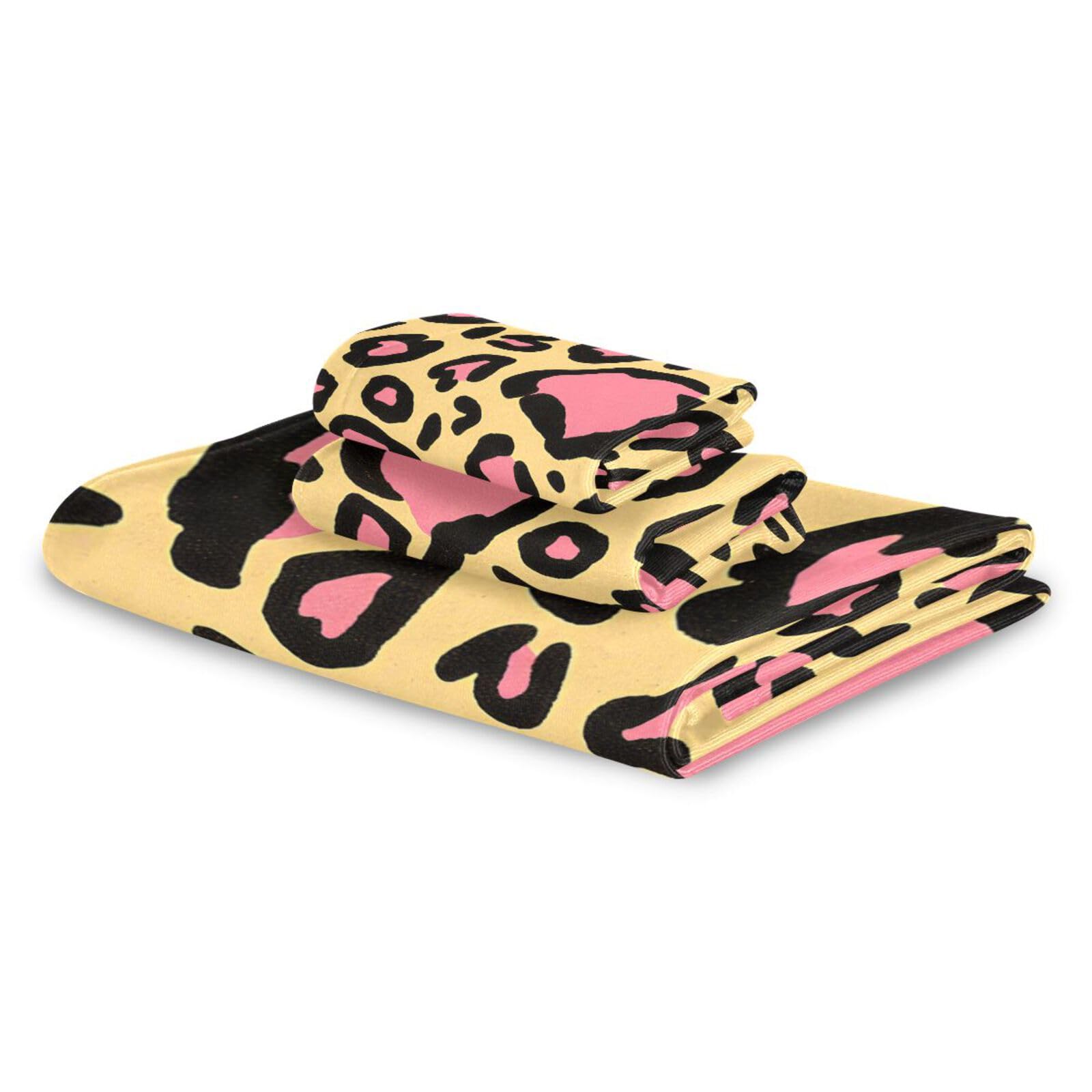 Set di 3 asciugamani per il viso in microfibra con stampa leopardata, 1 asciugamano da bagno, 1 asciugamano per le mani, 1 panno per la spiaggia, capelli, viso, palestra, nuoto, cucina