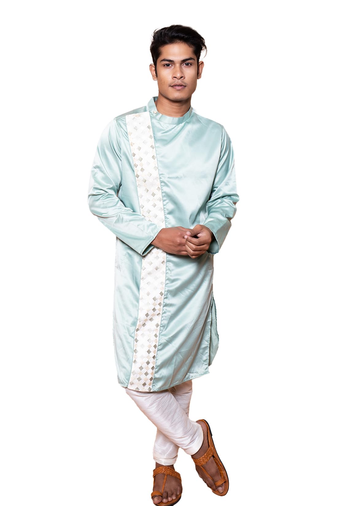 Fabriq by FFace Traditional Indian Kurta, Light Blue Satin-Silk, Embroidered Detailing