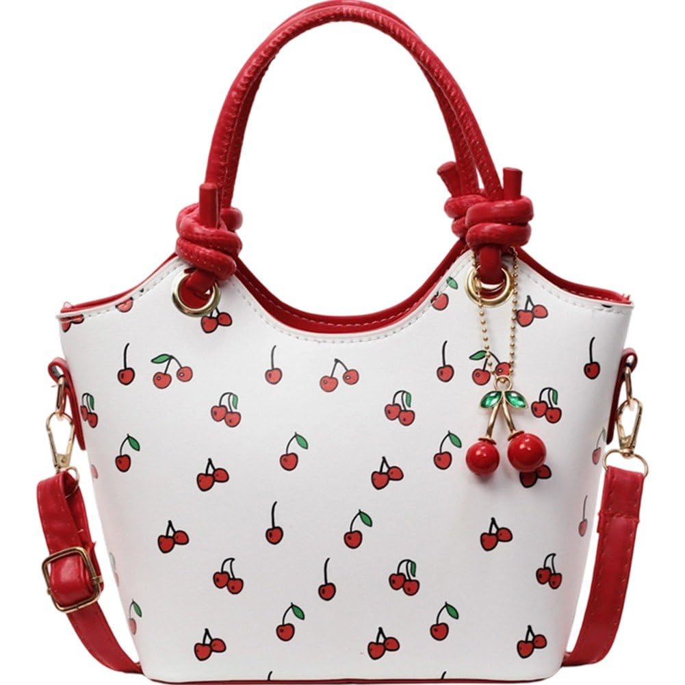 Danlai Pu Leather Cherry Print Handbag, Tote with Charm Decor Crossbody Bag for College Work Travel Shopping Daily Outfit