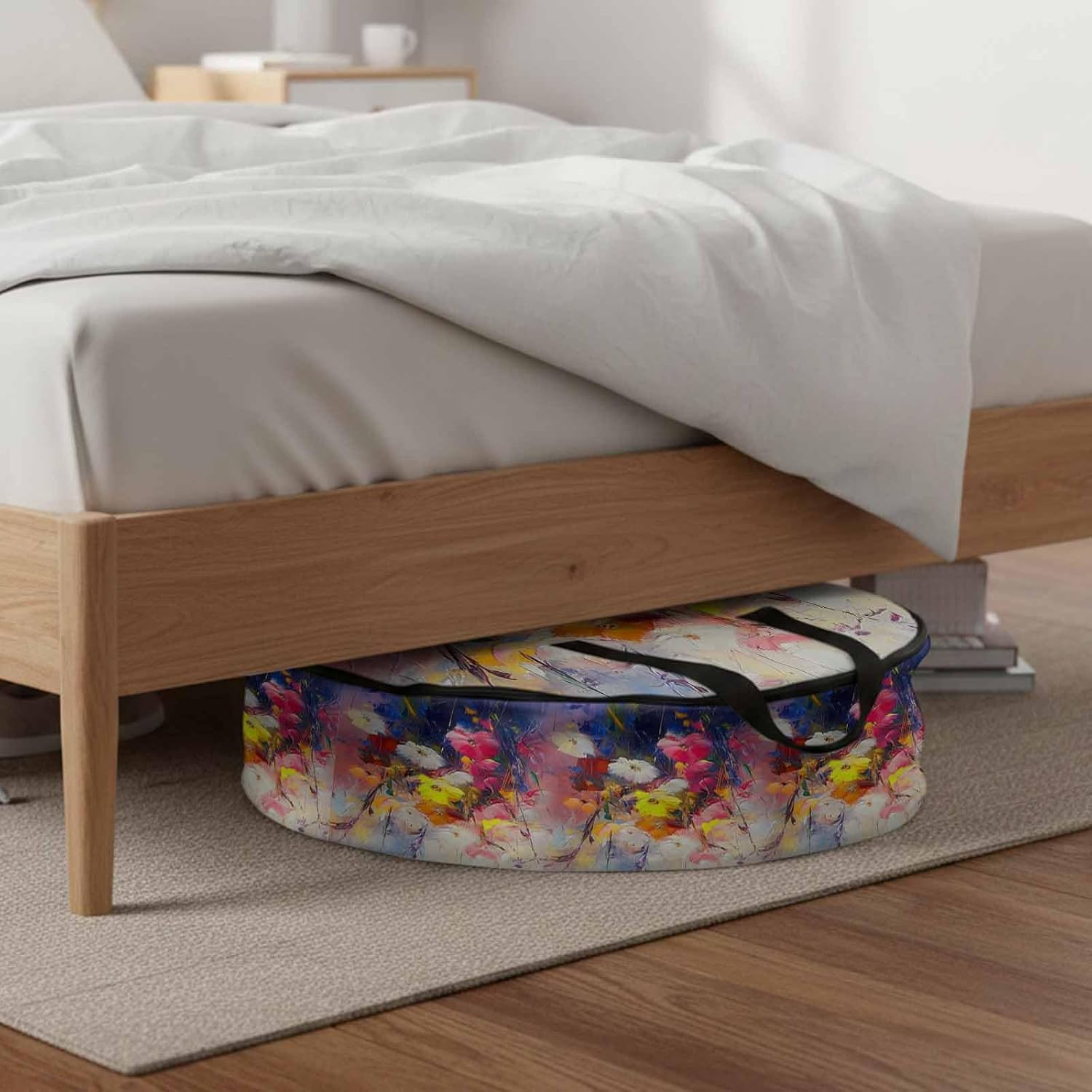 Spring Floral Round Storage Bag 36 Inch, Flowers Oil Painting Plant Oil Painting Clothes Storage Container with Handles Heavy Duty Organizer for Comforter, Bedding & Holiday Wreaths