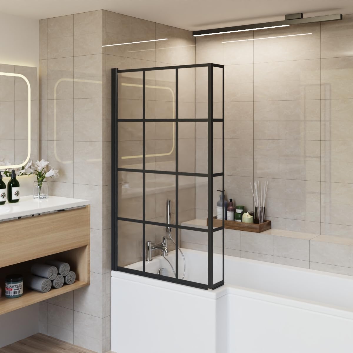 Aquariss Black Grid 810X1400mm L-Shaped Pivot Over Bath Shower Screen Door With Fixed Return 6Mm Easy Clean Glass Aluminium Profile