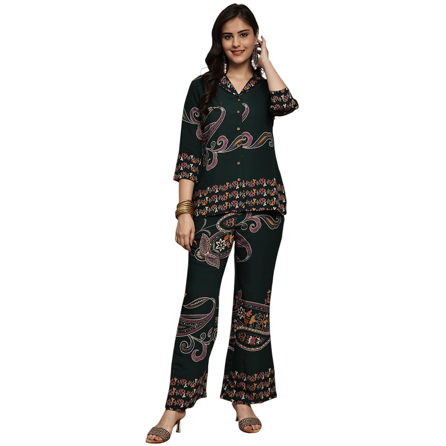 claura Women's Paisley Print Co-ord Set, Dark Green Button-Down Shirt and Palazzo Pants, Floral Pattern with 3/4 Sleeves-picture-26