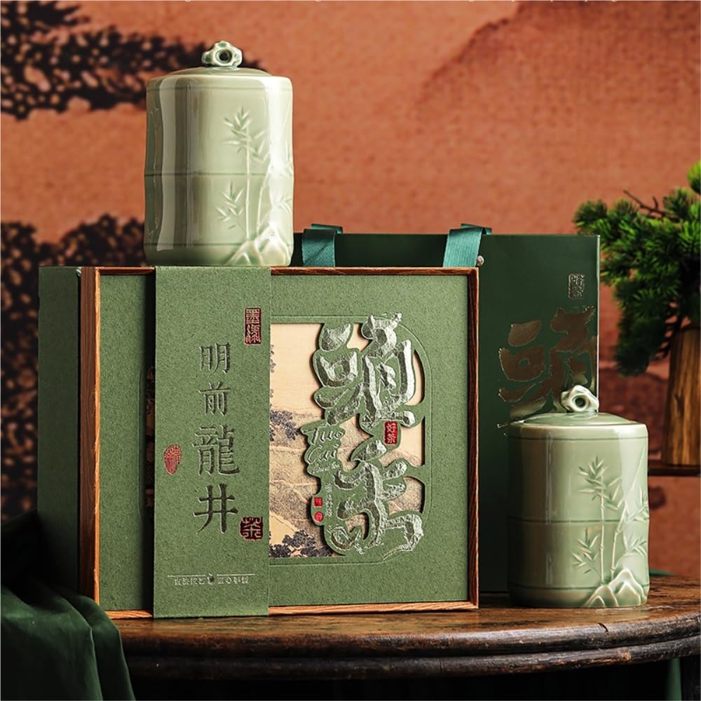 Słoik na cukier ceramiczny pojemnik uszczelniony do przechowywania herbaty luzem, pojemnik na przyprawy kuchenne, chiński zestaw do herbaty, pudełko na prezent z dwoma słoikami na herbatę (A)