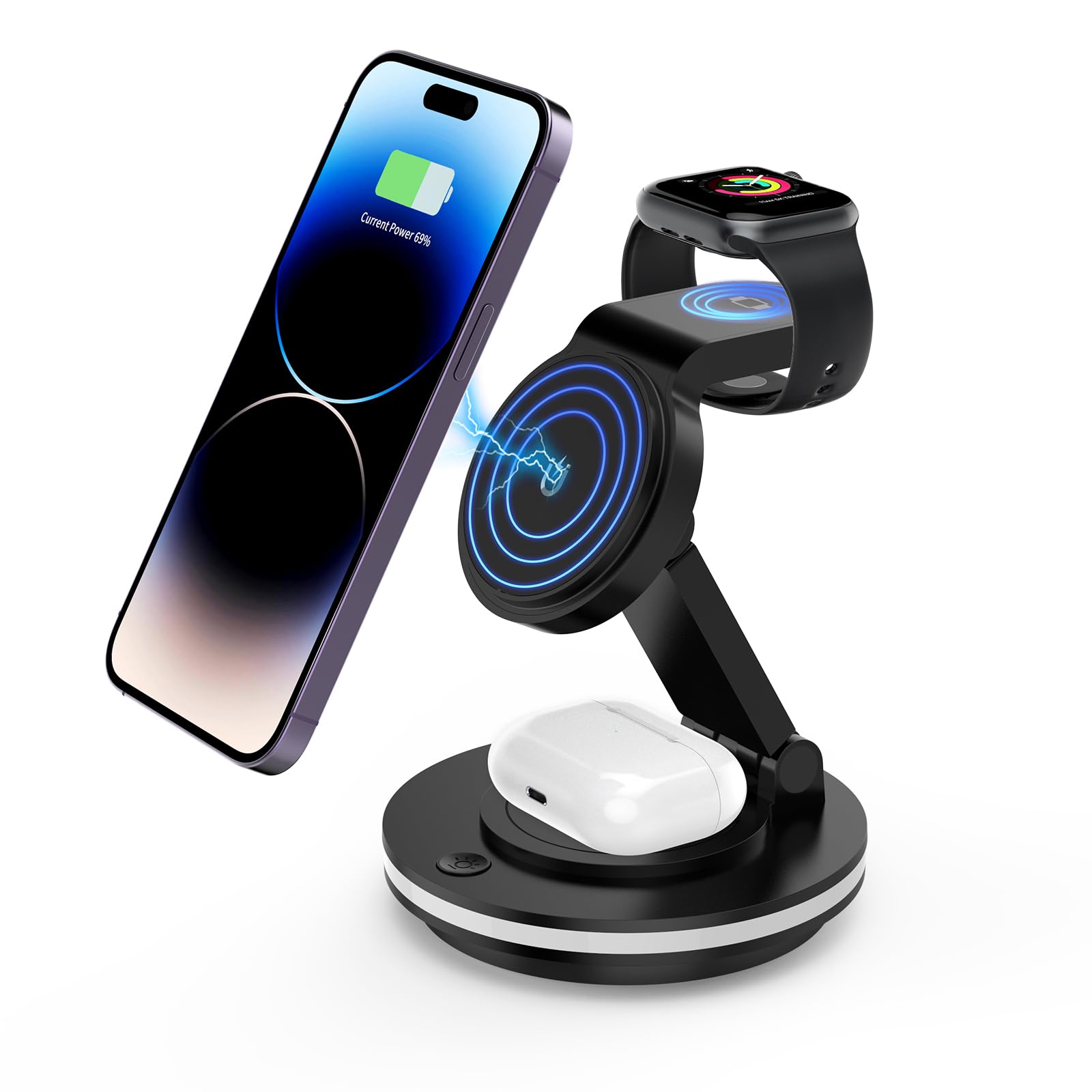 Foldable 3 in 1 Charging Station for iPhone, Wireless Charger Stand with Magnetic Charging Station for iPhone 16 15 14 13 12 11 X Pro Max, Watch,