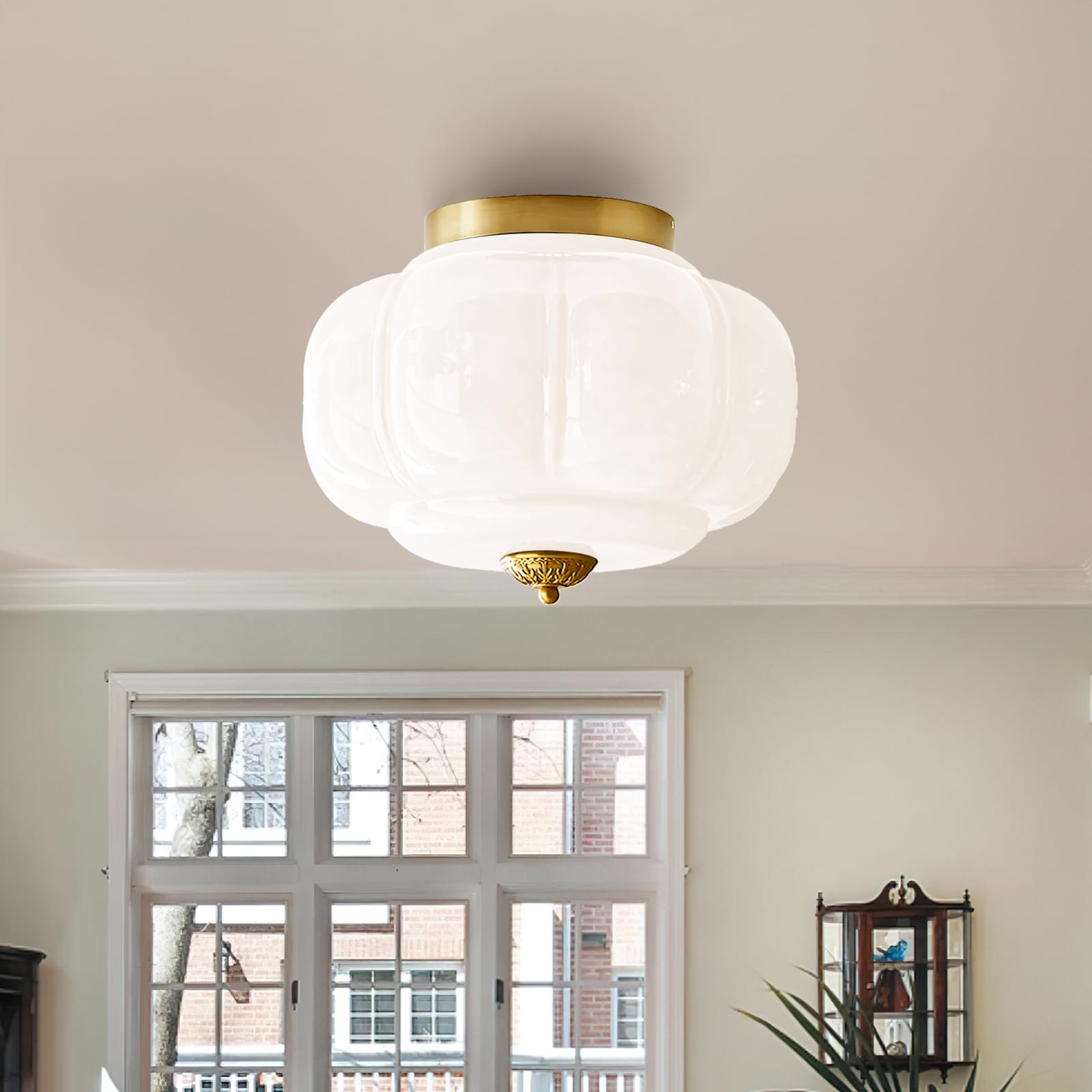 Milk Glass Ceiling Light Fixture - Farmhouse Antique Brass Semi Flush Mount Ceiling Light for Kitchen, Hallway, and Bedroom (Green 15 inch) — view 14