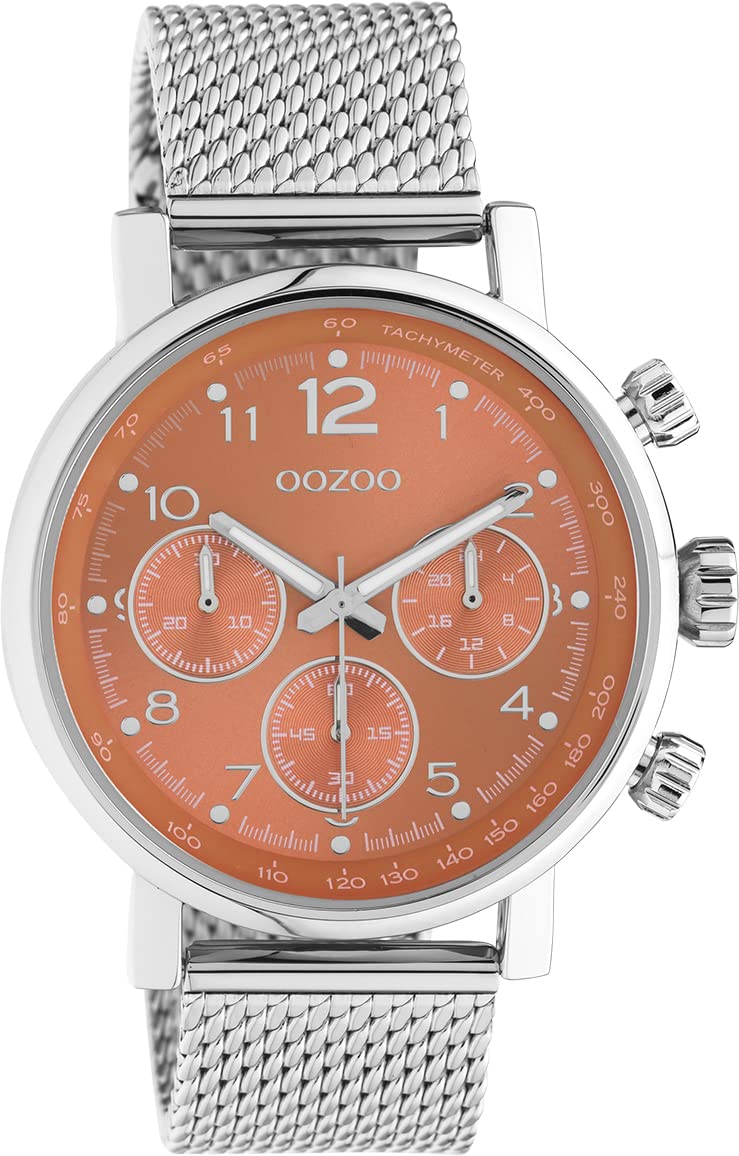 OOZOO Timepieces Orologio da uomo – Orologio da polso da uomo con cinturino in rete da 20 mm – analogico da uomo con cinturino in maglia milanese rotondo, argento/rosso, Bracciale
