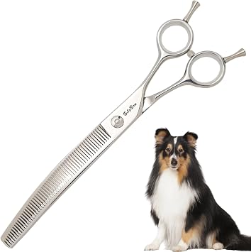 7.5 Inch 25 Curved Scissors for Dog Grooming, 55 Teeth Chunker | Pet Blending Shears, Japanese VG10 Steel Sharp Professional Texturizing Scissors for Dogs Cats Trimming, 35% Thinning Rate