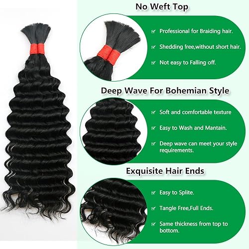Miniatura 3 de Extensiones de cabello humano ondulado profundo, sin trama, para trenzar, cabello humano virgen sin procesar, para trenzar 24 pulgadas (3.53 oz 2