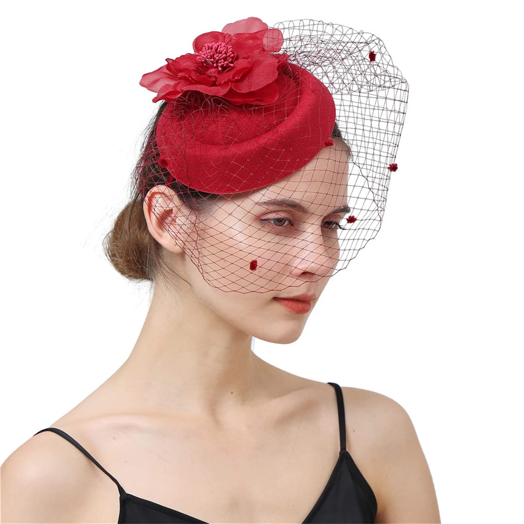 FBHappiness Women Fascinator With Face Veil Wedding Headwear Bride Headpece Hair Clip Headband Party Fedora Cap,Feather Flower Hair Clip(Marron)
