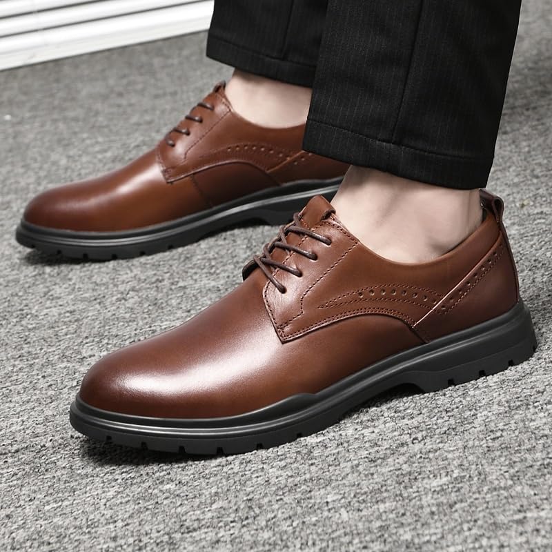 Men's Genuine Leather Platform Oxfords Men Fashion Slip-On Pointed Toe Non Slip Mid Chunky Heels Formal Dress Loafers Low Top Work Dress Shoes2