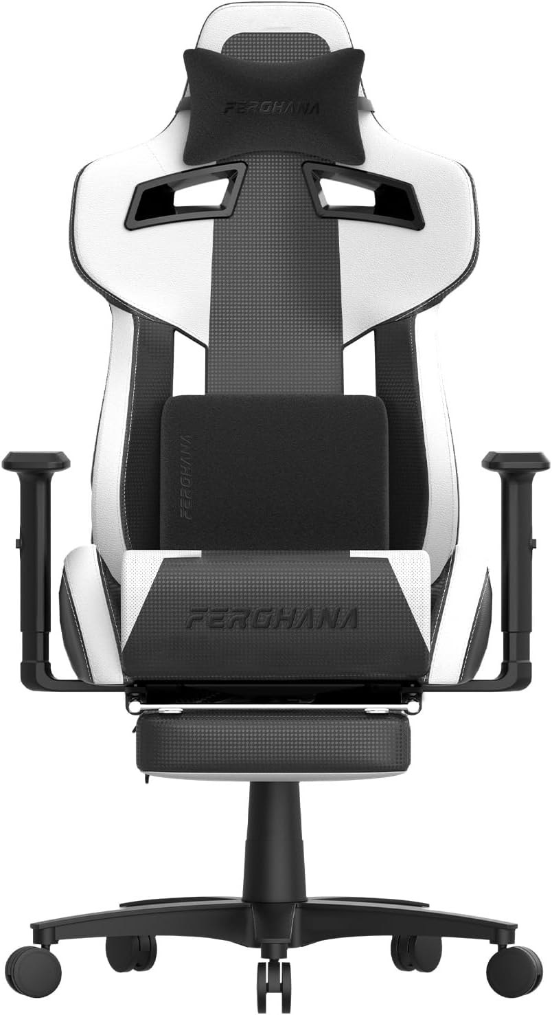 Ferghana White Gaming Chair with Footrest, Leather Ergonomic Gaming Chairs for