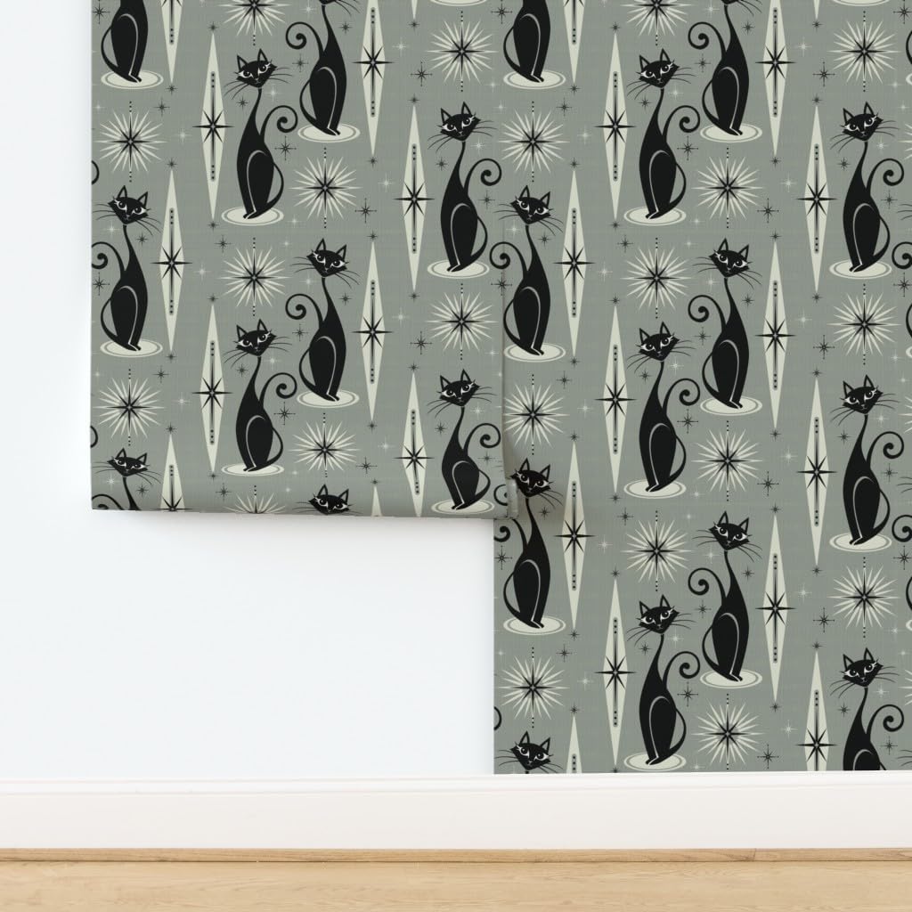 Peel & Stick Wallpaper Swatch - Mid Century Gray Vertical Diamonds Retro Cat 1950S Cats Fifties Atomic Custom Removable Wallpaper by Spoonflower