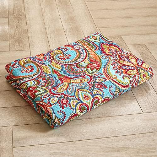 Qucover Single Bedspreads Quilted Lightweight Microfiber Paisley Blue Red Floral Pattern Quilted Sofa Throws 150x200 cm