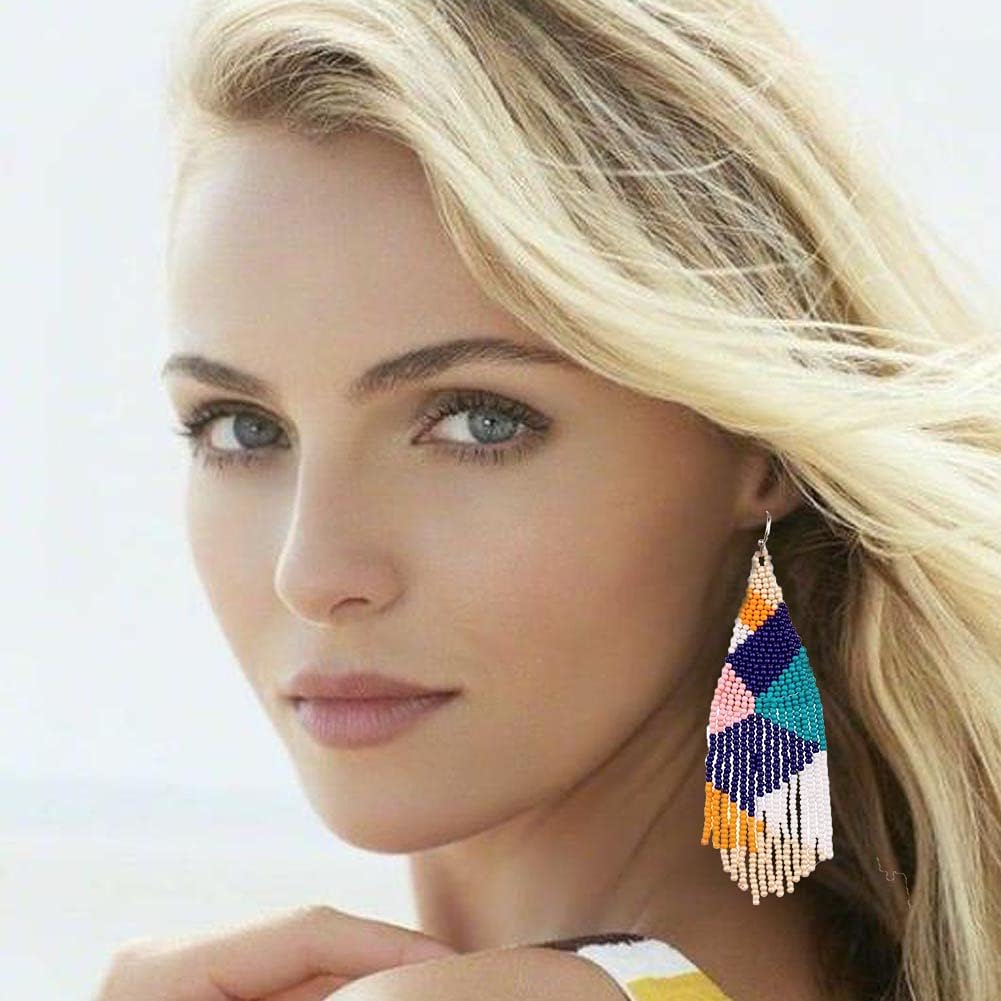 Long Beaded Tassel Earrings – Classic Plaid Fringe Drop Earrings, Seed Bead Tribal Dangle Earrings, pendientes de borla, idea for women sister wedding party - Image 3