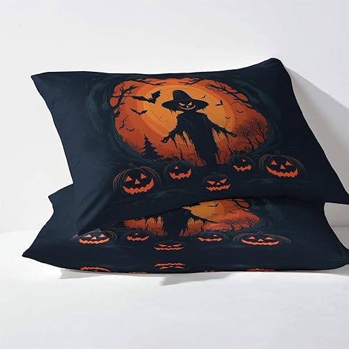 Miniatura 5 de Juego de sábanas de Halloween tamaño individual, sábanas espeluznantes de calabaza murciélago espantapájaros para niños y niñas, juego de sábanas