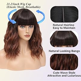 Elfairy Ombre Auburn Wig with Bangs for Women 12inch Short Bob Cooper Red Wavy Curly Hair Wigs Heat Resistant Hair Replacement Wigs for Daily Use Cosplay Costume Halloween