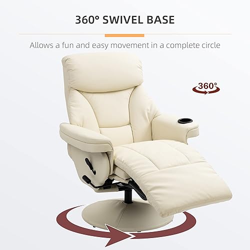 Miniatura 6 de HOMCOM Silla reclinable manual, sillón giratorio con bolsillo lateral, reposapiés y portavasos para sala de estar, color blanco crema
