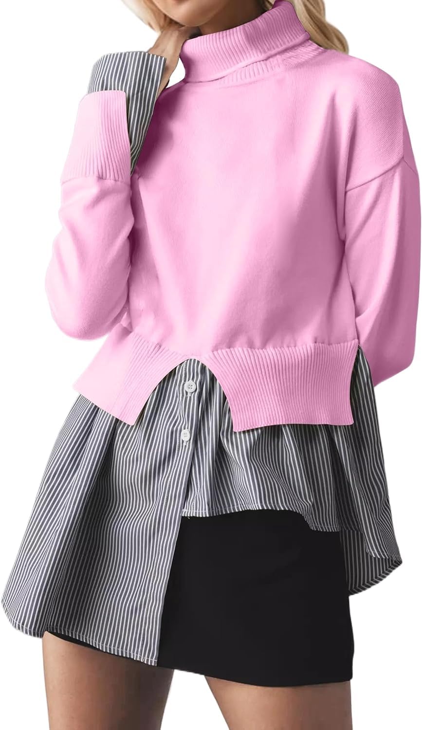 Turtleneck Asymmetrical Sweaters for Women Patchwork 2 in 1 Pullover Knit Sweater Slit Button Down Shirt 2026 Fall