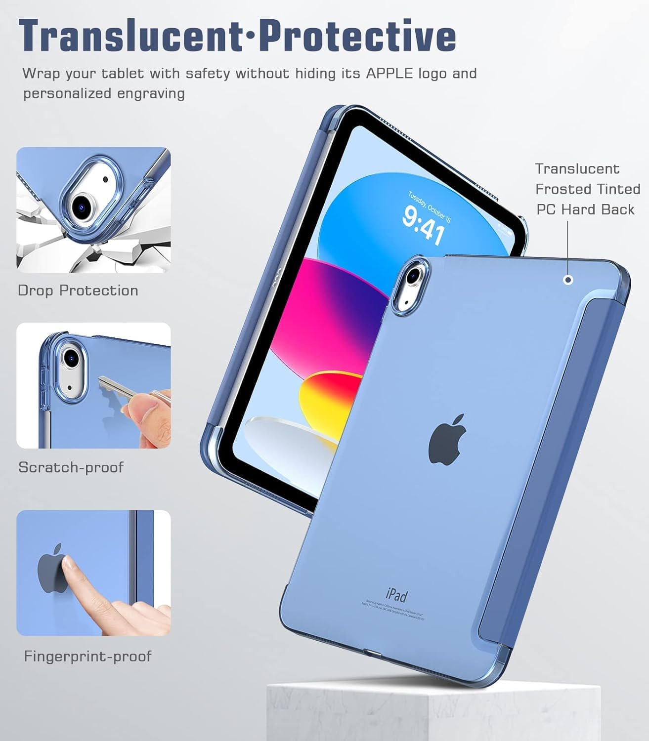 TiMOVO Cover Custodia Compatibile con iPad (A16) 11 Generazione 11 Pollici 2025/iPad 10 Generazione 10,9" 2022, Retro in PC Rigido Semi-Trasparente, Auto Sveglia/Sonno, Blu Abisso