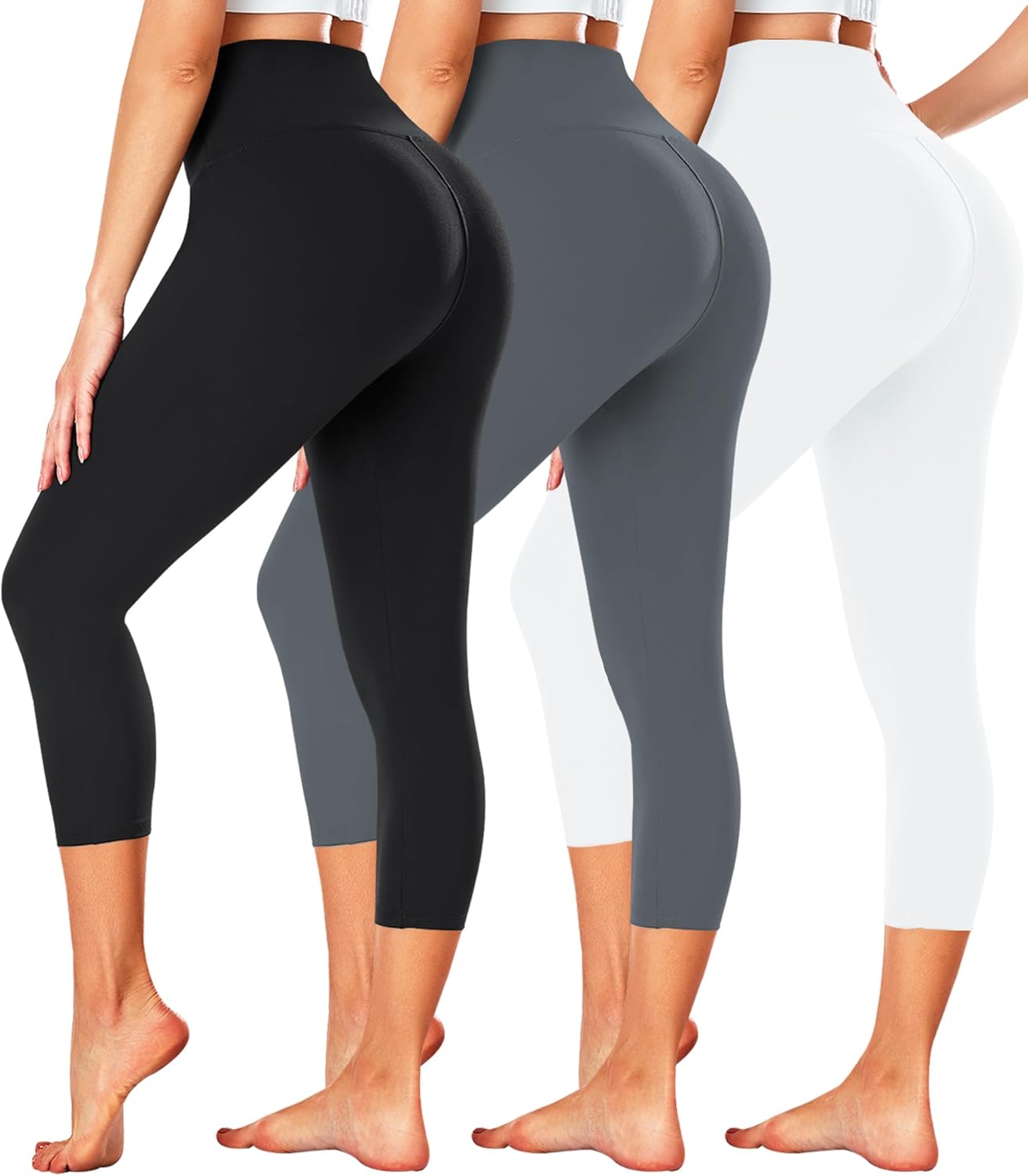 FULLSOFT 3 Pack Capri Leggings for Women - High Waisted Tummy Control Black Workout Yoga Pants