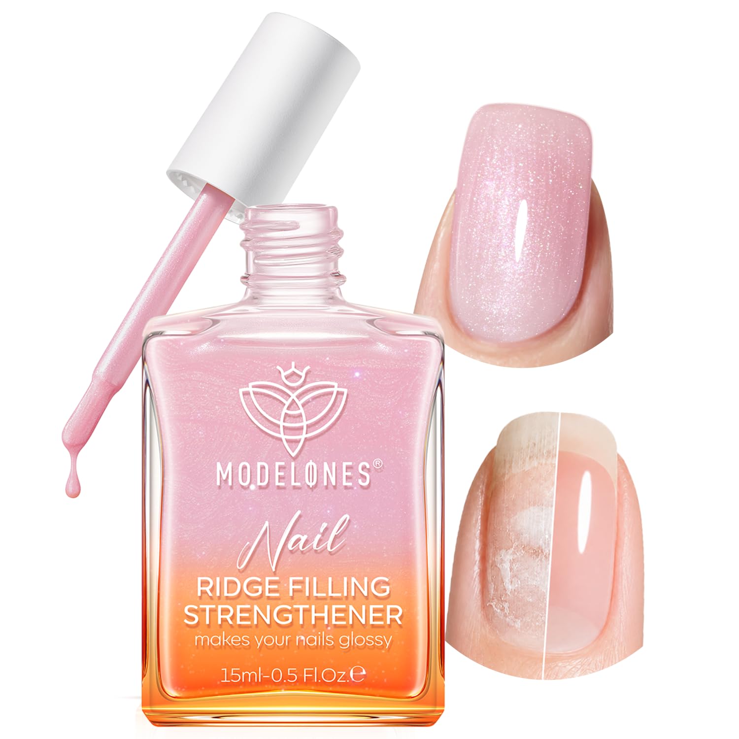 modelones Nail Strengthener Glitter Pink Nail Polish Nail Repair for Damaged Nails Hardener and Growth Polish Nail Care Gifts for Women Nail Strengthening Polish 15ml