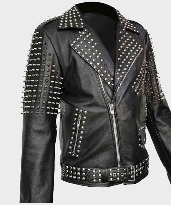 Men's Brando Spikes Metal Rivets Rock Punk Motorcycle Black Biker Leather Jacket