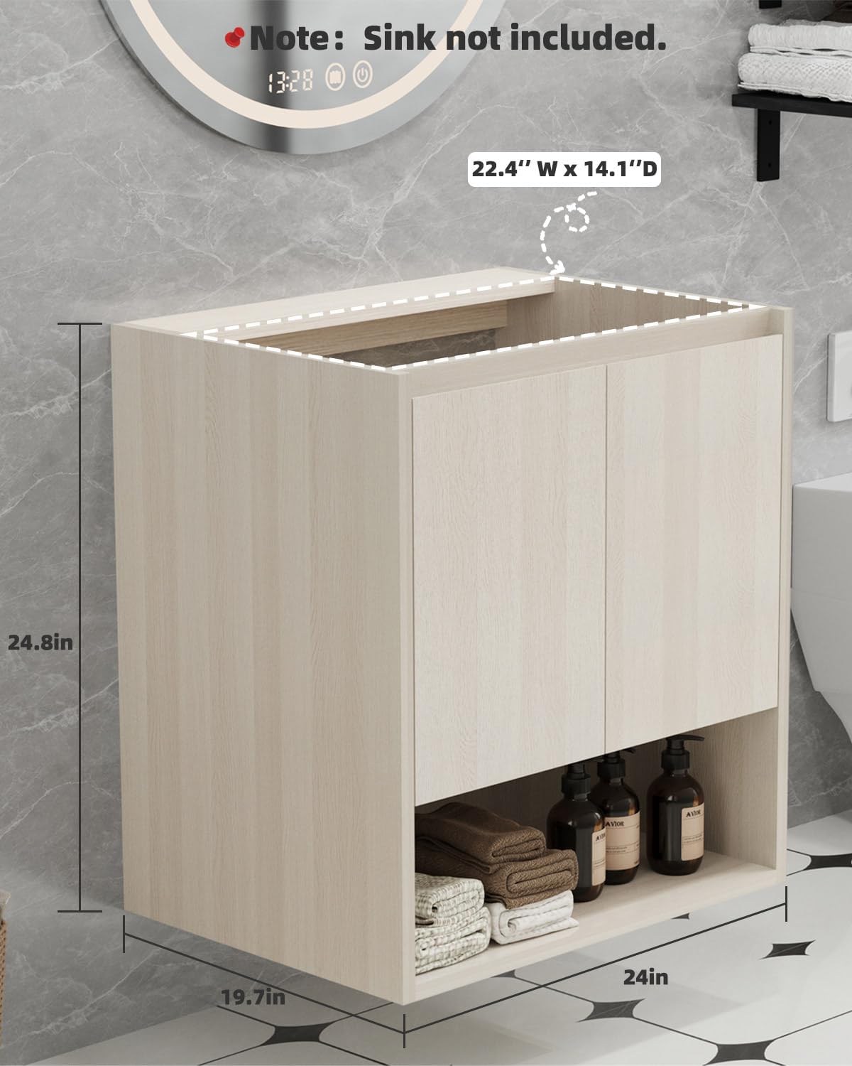 24" Wall-Mount Bathroom Vanity Cabinet Without Sink, Solid Wood Core with White Oak Finish, Floating Bathroom Base with Soft-Close Double Doors & Open Shelf Storage, 24" W x 19.7" D x 24.8" H
