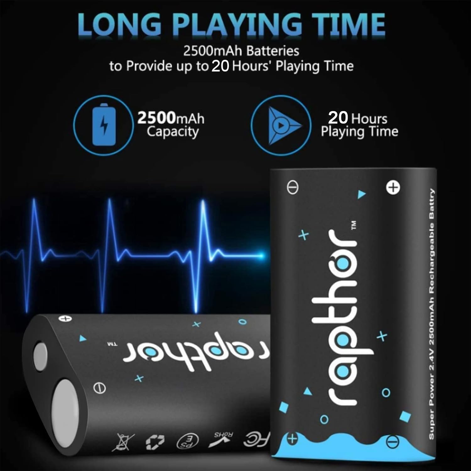 rapthor 2500mAh Rechargeable Controller Battery Pack, Compatible with Xbox One/Xbox Series X/Xbox One S/Xbox One X Controller, High Power NI-MH Batteries Kit Without Charger (2 Batteries Only)