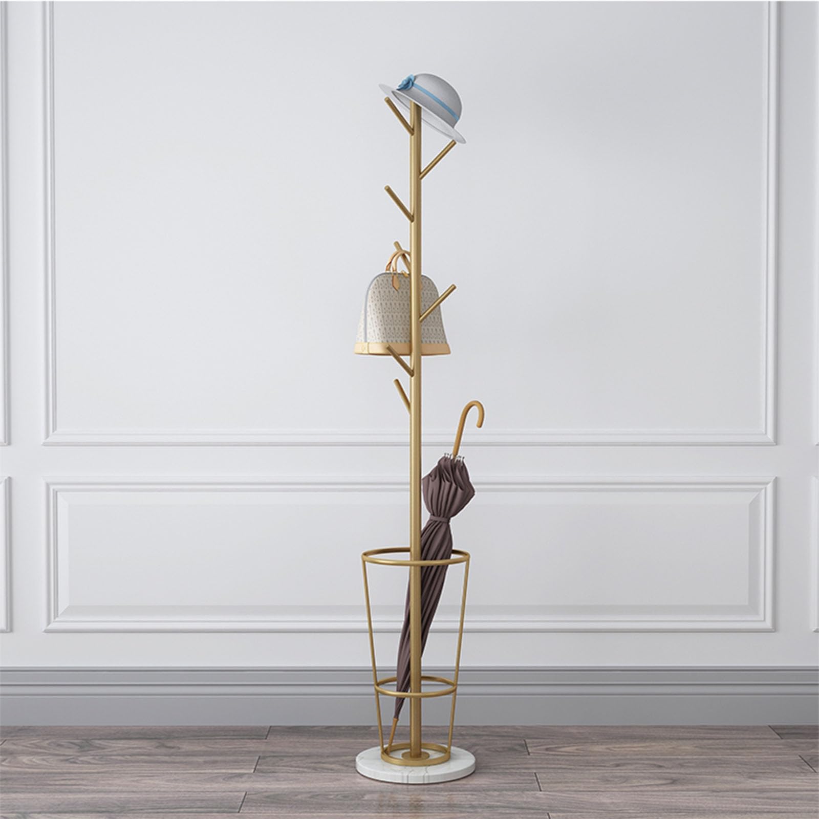 Gold Coat Rack with Umbrella Holder, Free-Standing Metal Stand for Living Room, Bedroom, Office - Elegant White & Gold Design, Stylish Umbrella Stand.
