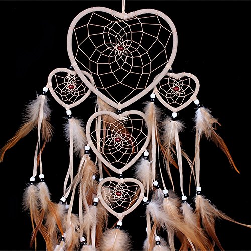 WESTONETEK Large Handmade Dream Catcher Traditional Dreamcatcher Feather Wall Hanging Decoration Ornaments Five Hearts Beige - Thumbnail 3